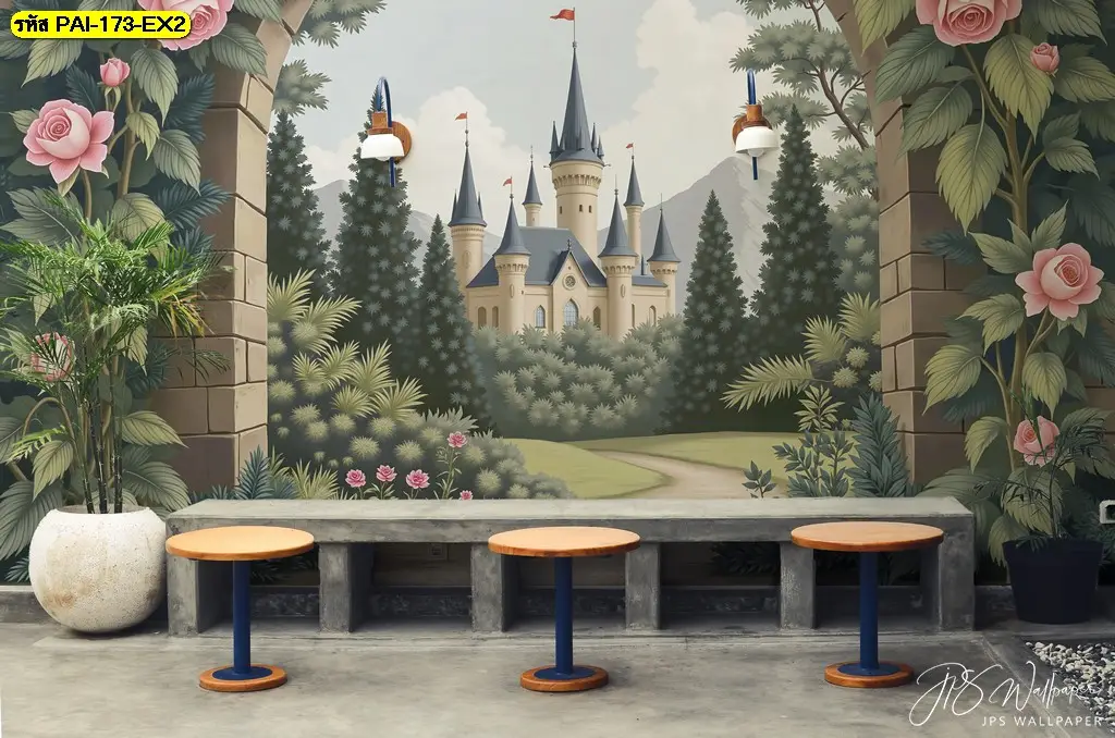 ตกแต่งร้านกาแฟด้วยภาพวิวสวนยุโรปที่เป็น Vintage cafe wallpaper ช่วยสร้างมุมถ่ายรูปสวยงาม ดึงดูดลูกค้าเข้าร้าน
