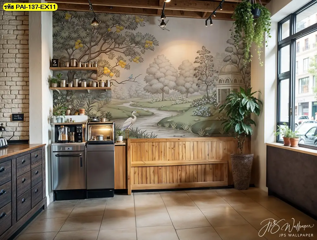 เปลี่ยนผนังร้านเบเกอรี่ให้โดดเด่นด้วย Custom mural for cafe ดีไซน์ภาพวาดทิวทัศน์ธรรมชาติที่พิมพ์ได้ตามขนาดผนัง