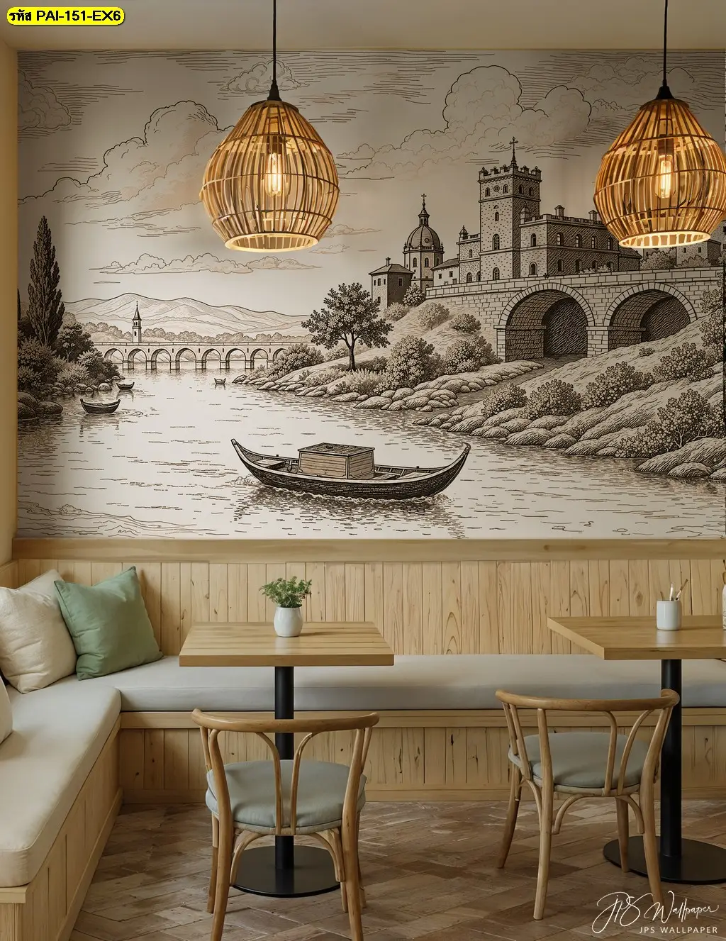 ความลงตัวของ Classic architecture custom wallpaper กับวอลเปเปอร์สั่งพิมพ์ลายเส้นยุโรปทำให้ห้องดูมีรสนิยมและรู้สึกอบอุ่น