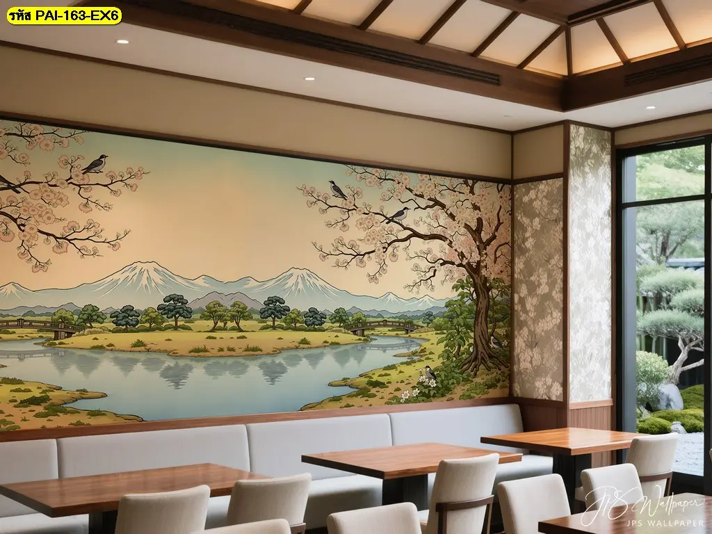 ภาพวาดทิวทัศน์ญี่ปุ่นติดผนังที่เป็นวอลเปเปอร์ร้านอาหารญี่ปุ่นลายฟูจิ สำหรับตกแต่งร้านอาหารญี่ปุ่นสไตล์คลาสสิค
