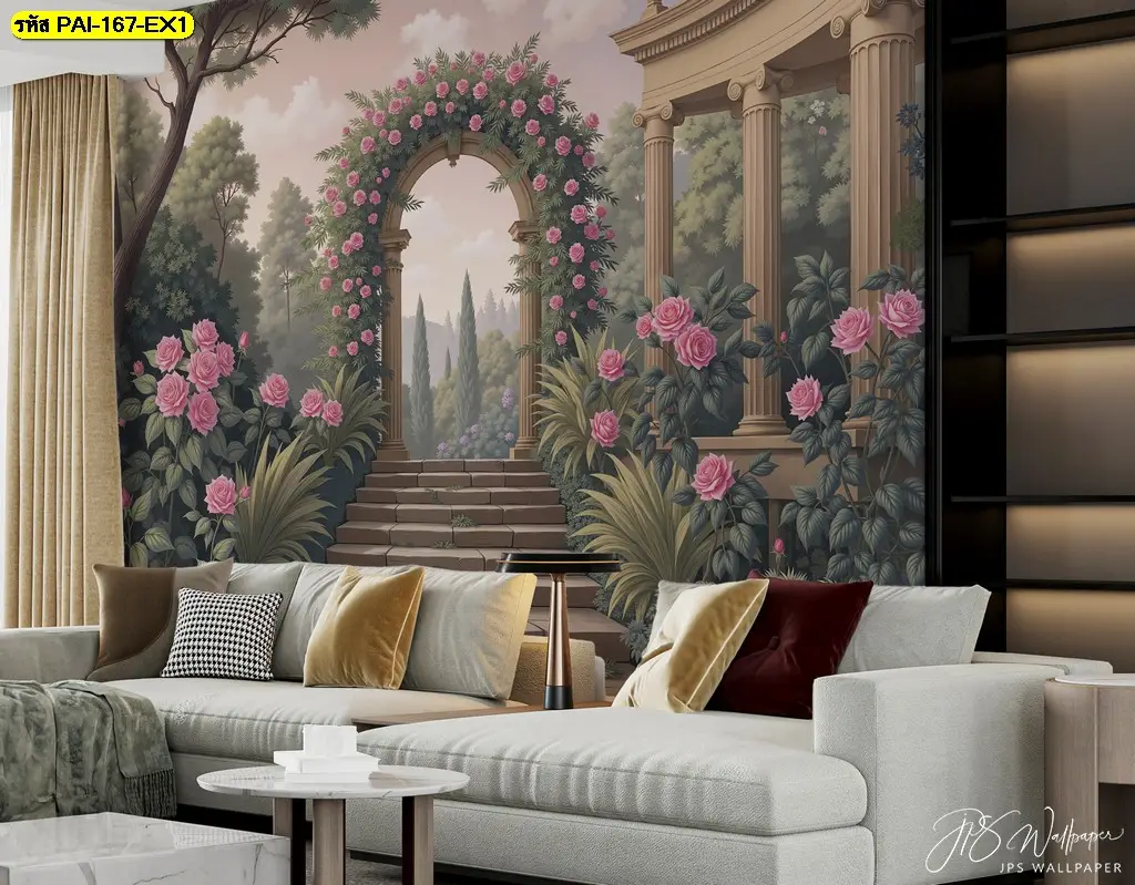 เลือกใช้ภาพพิมพ์ติดผนังลายสถาปัตยกรรมคลาสสิกที่มีภาพตกแต่งผนังลายซุ้มประตูโรมัน เพื่อยกระดับการตกแต่งให้ดูสง่างามเหนือกาลเวลา
