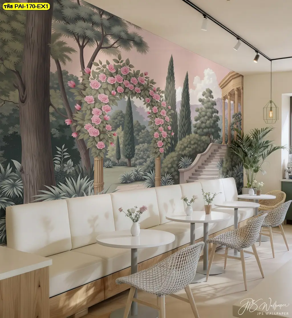 วอลเปเปอร์สั่งพิมพ์คาเฟ่สไตล์ยุโรปพร้อมดีไซน์ซุ้มโค้งเสาหิน เหมาะสำหรับทำเป็นวอลเปเปอร์คาเฟ่ถ่ายรูปสวยสั่งทำโดยเฉพาะ
