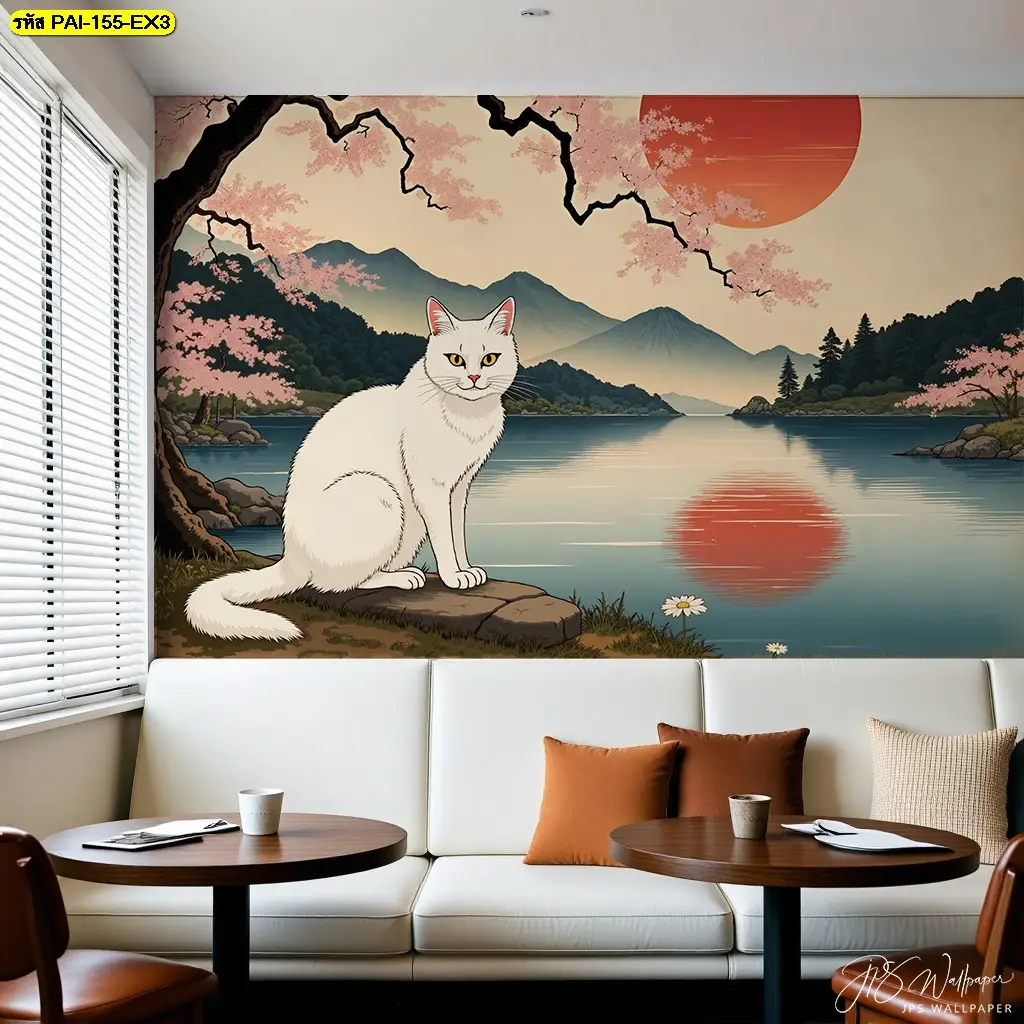 ภาพพิมพ์แคนวาสตกแต่งร้านอาหารญี่ปุ่น ลายแมวนำโชคและภูเขาไฟฟูจิ เป็น Custom Fuji mountain wall art ที่ยกระดับให้ร้านดูหรูหรา