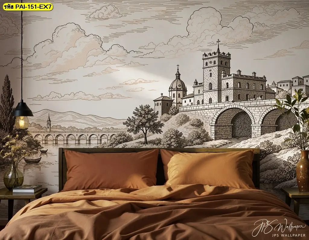 รูปภาพวิวติดผนังห้องนั่งเล่นที่มาพร้อมกับ Classic architecture custom wallpaper ช่วยสร้างจุดสนใจให้กับห้องได้อย่างลงตัวและน่ามอง