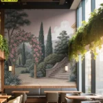 ผนังร้านสวยด้วยวอลเปเปอร์สั่งพิมพ์คาเฟ่สไตล์ยุโรป ลายสวนคลาสสิกโทนสีพาสเทล พร้อมมุมถ่ายรูปสวยสั่งทำที่ไม่เหมือนใคร