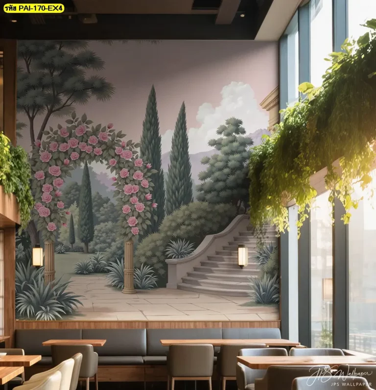 ผนังร้านสวยด้วยวอลเปเปอร์สั่งพิมพ์คาเฟ่สไตล์ยุโรป ลายสวนคลาสสิกโทนสีพาสเทล พร้อมมุมถ่ายรูปสวยสั่งทำที่ไม่เหมือนใคร