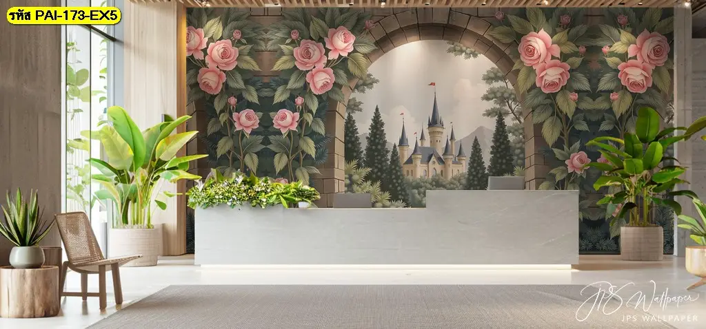 วอลเปเปอร์ภาพวาดสวนดอกไม้ ปราสาท สวยงาม สร้างมิติให้ห้อง เป็นภาพวิวติดผนัง สไตล์ยุโรป หรูหรา ทำให้พื้นที่ต้อนรับของโรงแรมและคอนโดดูกว้างขึ้น
