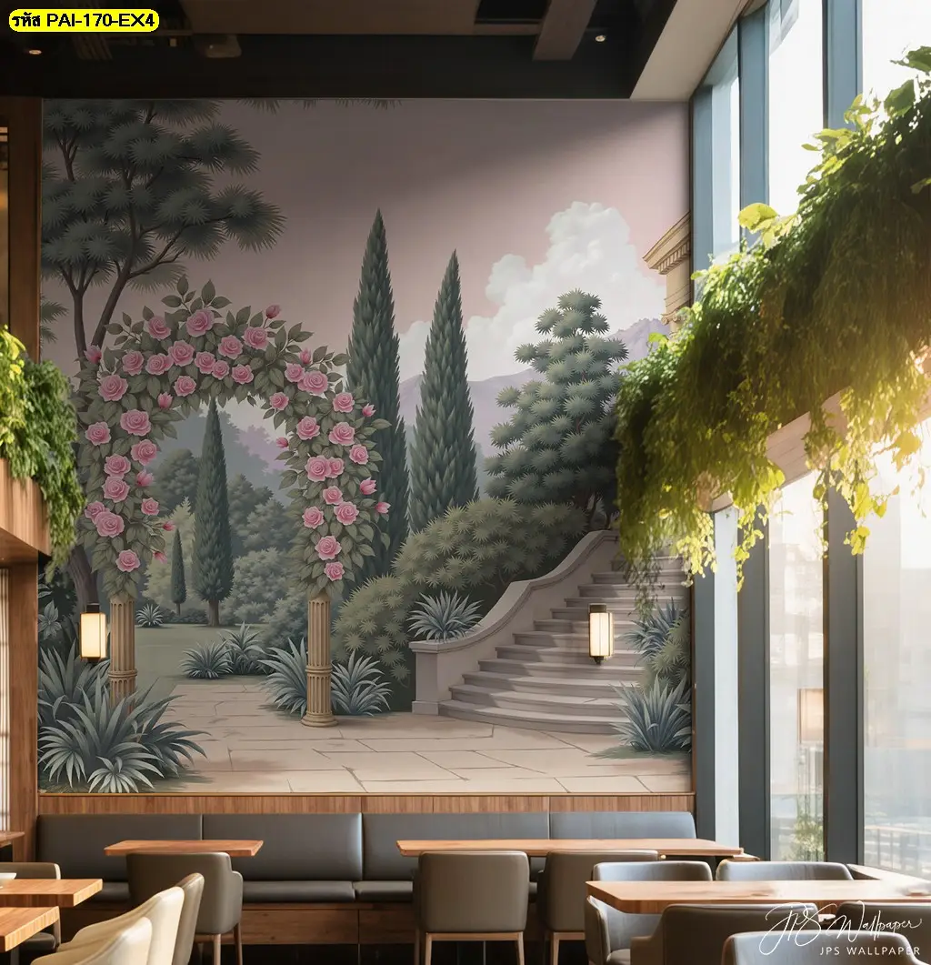 ผนังร้านสวยด้วยวอลเปเปอร์สั่งพิมพ์คาเฟ่สไตล์ยุโรป ลายสวนคลาสสิกโทนสีพาสเทล พร้อมมุมถ่ายรูปสวยสั่งทำที่ไม่เหมือนใคร