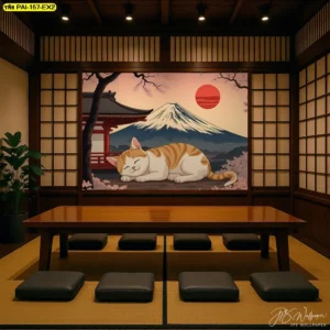 ภาพติดผนังร้านอาหารญี่ปุ่น สไตล์โมเดิร์น รูปแมวนั่งชมวิวภูเขาไฟฟูจิและดอกซากุระ ไอเดียตกแต่งร้านอาหารญี่ปุ่น ร้านซูชิ ง่ายๆ