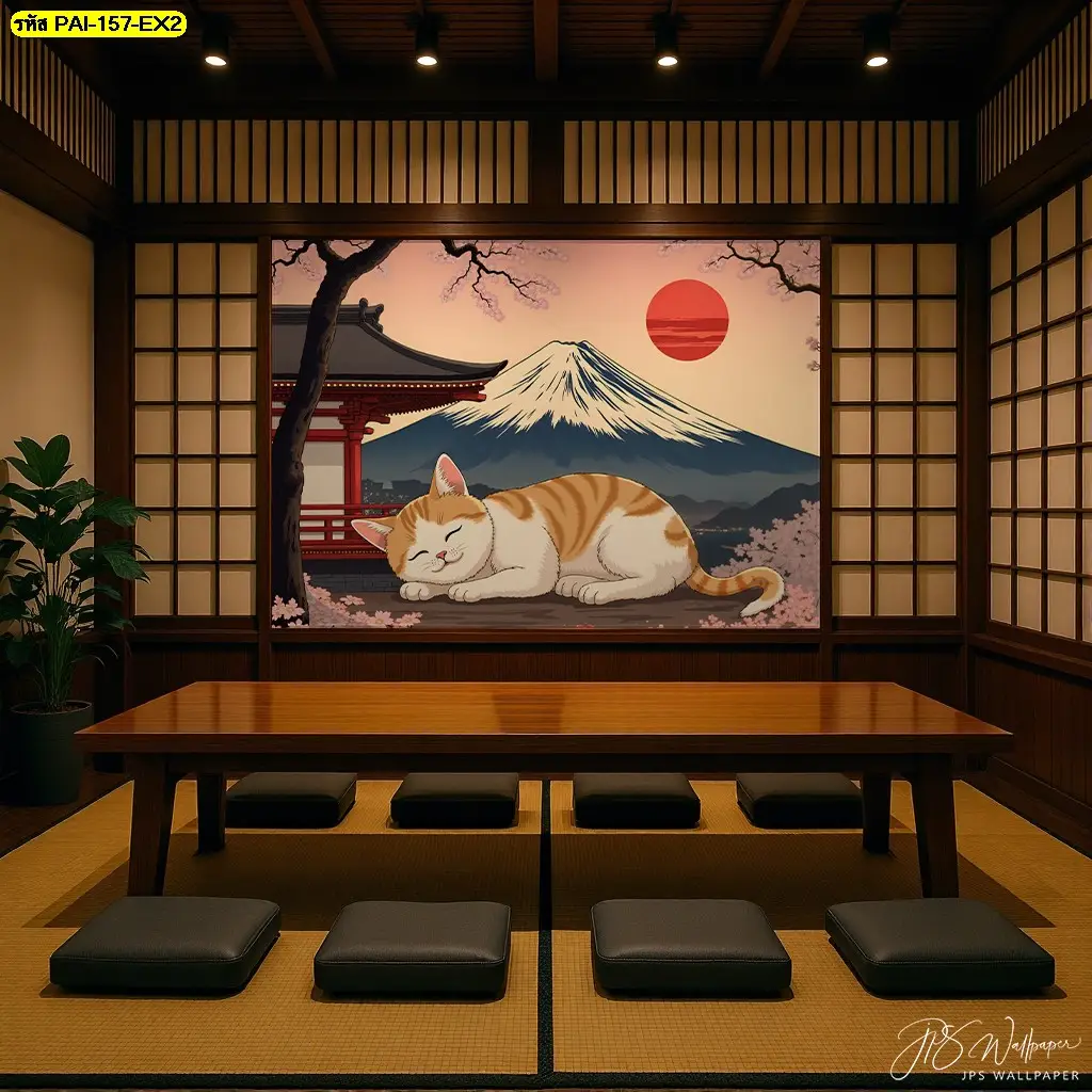 ภาพติดผนังร้านอาหารญี่ปุ่น สไตล์โมเดิร์น รูปแมวนั่งชมวิวภูเขาไฟฟูจิและดอกซากุระ ไอเดียตกแต่งร้านอาหารญี่ปุ่น ร้านซูชิ ง่ายๆ