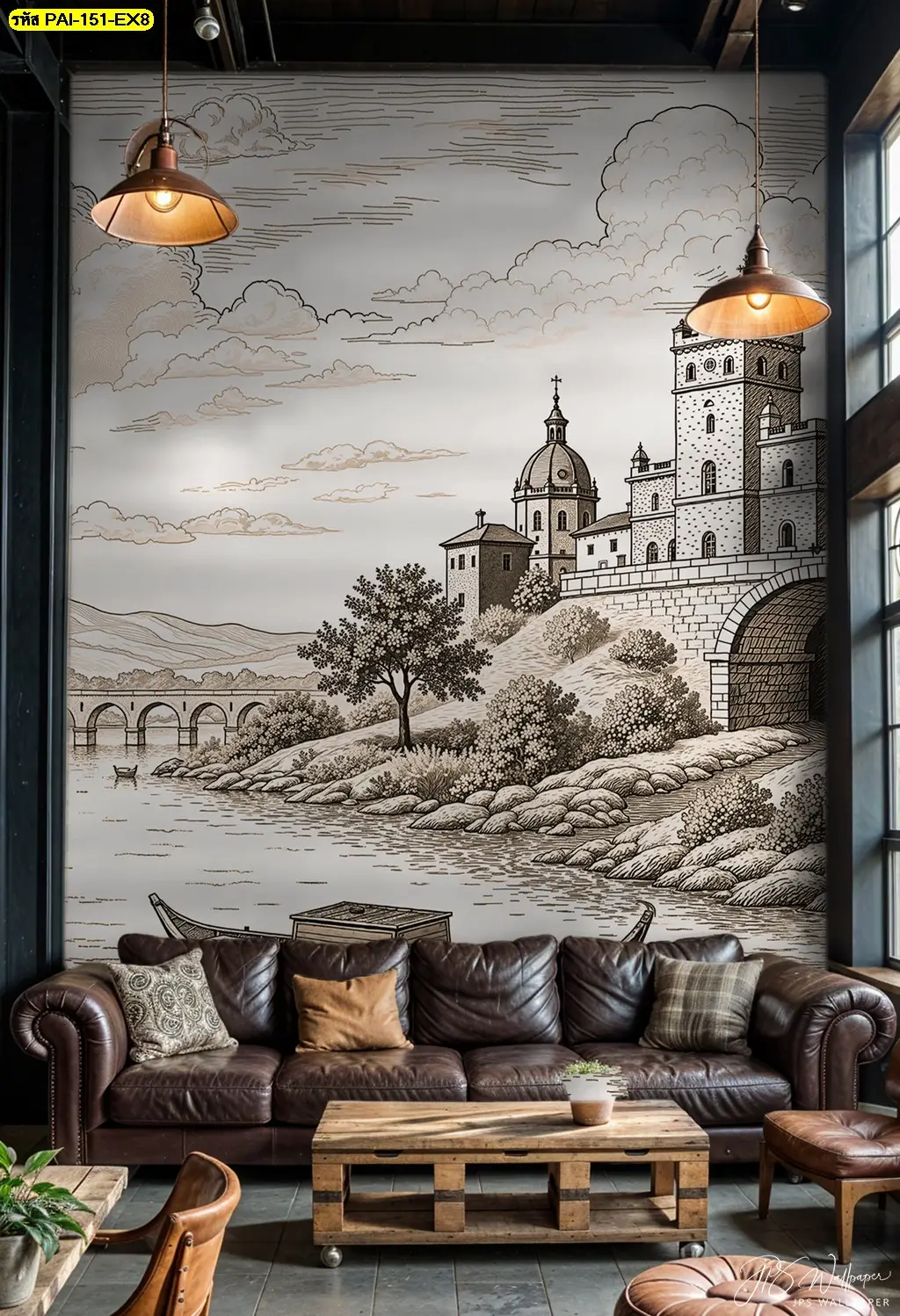 ความสวยงามของวอลเปเปอร์ตกแต่งร้านกาแฟสไตล์วินเทจทำให้ร้านมีเอกลักษณ์ไม่เหมือนใครด้วย Vintage cityscape wall mural