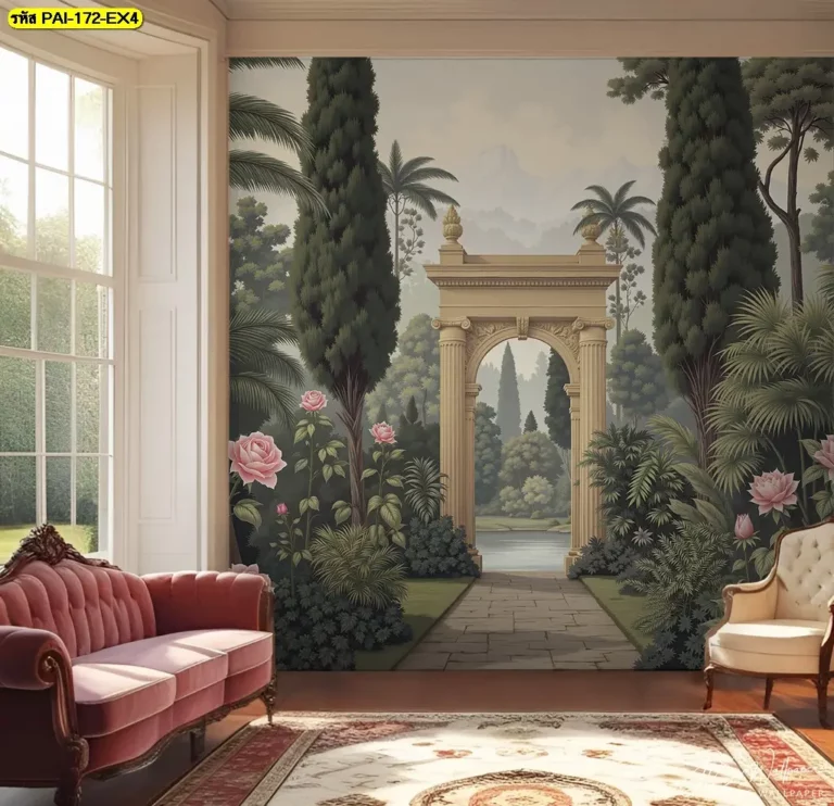 Romantic rose wallpaper คือรูปติดผนังลายสวนกุหลาบโรแมนติก เหมาะสำหรับการแต่งห้องสวยด้วยวอลเปเปอร์ลายซุ้มประตูหิน