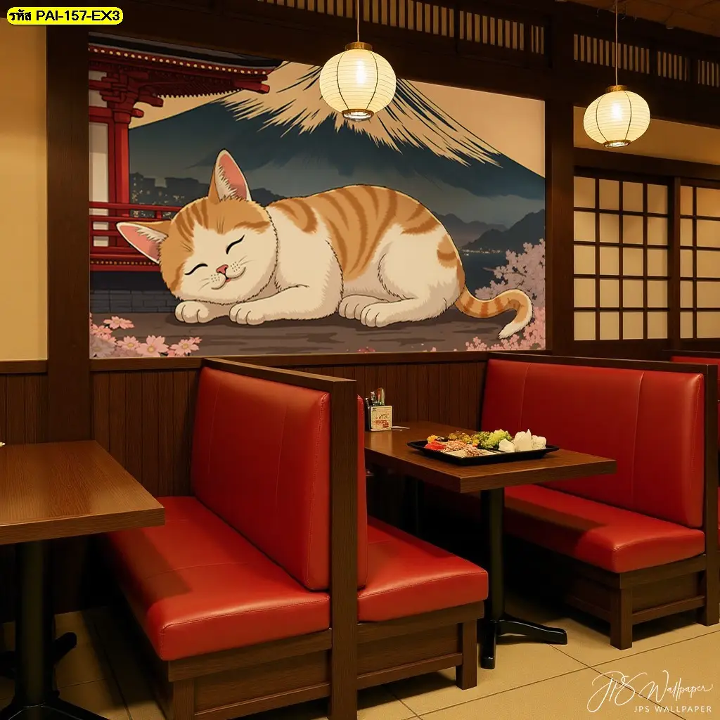 วอลเปเปอร์แคนวาสติดผนังร้านอาหารญี่ปุ่น ภาพพิมพ์ลายแมวฟูจิ แมวญี่ปุ่น คุณภาพสูง สีสันสดใส คมชัด ทนทานต่อการใช้งานในร้านอาหาร 