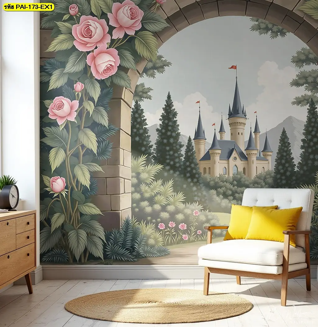 วอลเปเปอร์สั่งพิมพ์ลายสวนดอกไม้วินเทจเป็นภาพติดผนังลายปราสาทในสวนสวย ให้ความรู้สึกหรูหราคลาสสิกและงดงาม
