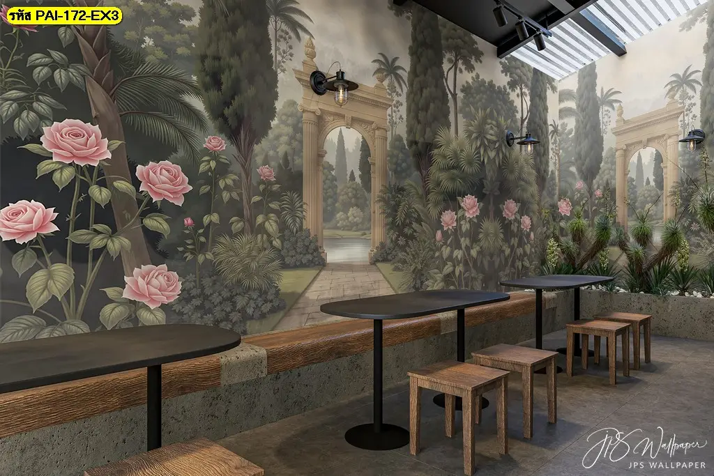 ตกแต่งร้านด้วย Custom mural wallpaper สไตล์สวนยุโรปคลาสสิก เป็นภาพติดผนังคาเฟ่ยุโรปพาสเทลที่ลูกค้าต้องอยากถ่ายรูป
