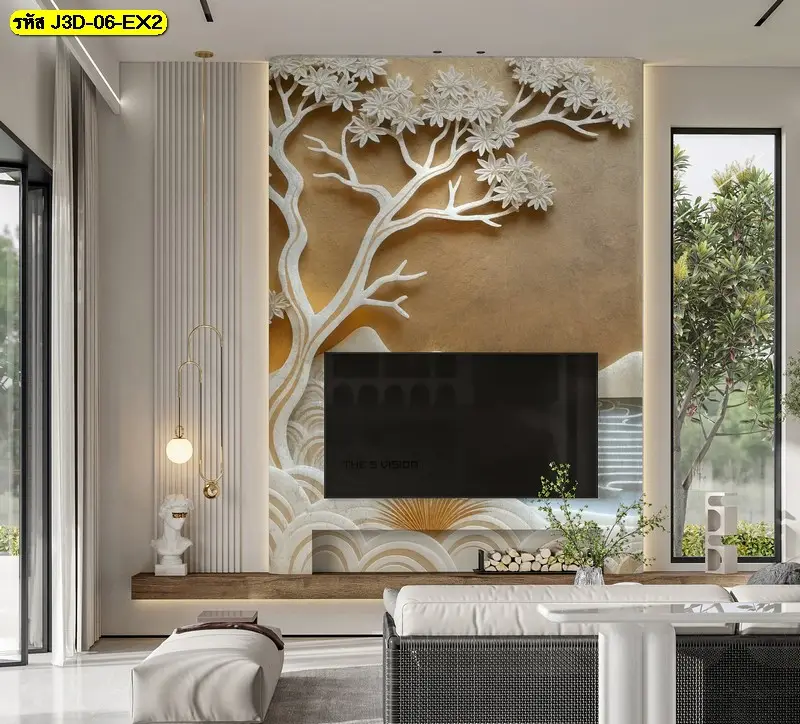 วอลเปเปอร์ติดผนังลายภูเขาสามมิติพร้อมภาพต้นไม้สีทอง ช่วยเสริมฮวงจุ้ยและตกแต่งห้องนั่งเล่นโมเดิร์นให้หรูหราอบอุ่น