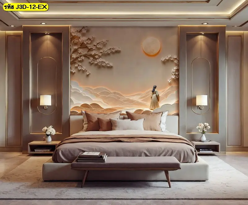 รูปติดผนังหัวเตียงลายภูเขาสีทองบนวอลเปเปอร์สั่งพิมพ์ลาย Chinoiserie สร้างบรรยากาศการแต่งห้องนอนโทนสีเบจทองอบอุ่น