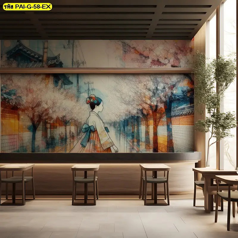 วอลเปเปอร์ลายเกาหลี เป็น traditional Japanese Ukiyo-e mural ที่สร้างบรรยากาศสงบสุขและสวยงามให้กับร้านอาหาร