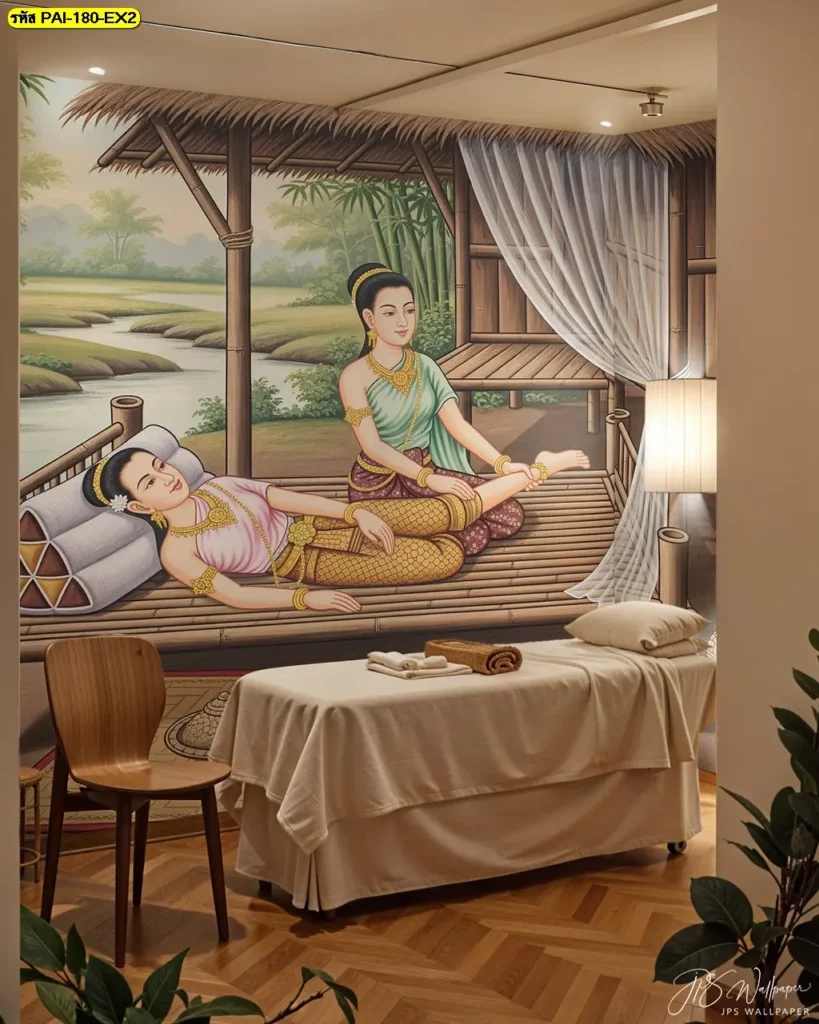 วอลเปเปอร์ภาพศิลปะนวดแผนไทย จากผ้าแคนวาสคุณภาพสูง ให้สัมผัสเหมือนงานศิลปะแท้สำหรับร้านนวด ร้านสปา