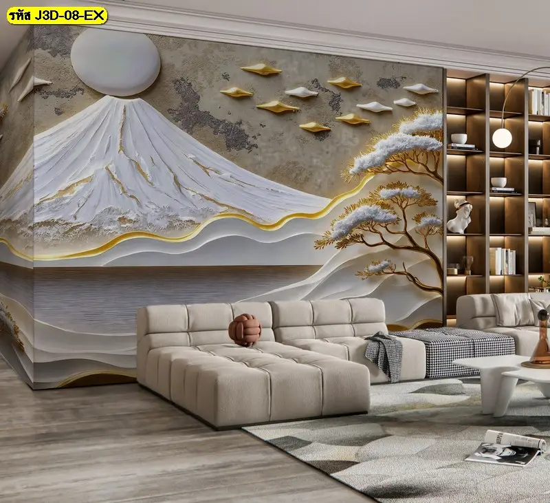 ตกแต่งผนังแบบ modern Zen style wall decor ด้วยวอลเปเปอร์ติดผนังลายภูเขาสามมิติ ซึ่งเป็นไอเดียแต่งผนังห้องนอนลายภูเขาที่ยอดเยี่ยม