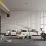 วอลเปเปอร์ภาพลวงตาสร้างมิติเป็นไอเดียแต่งผนังห้องให้ดูกว้างขึ้น ช่วยตกแต่งห้องนั่งเล่นให้ดูโปร่งโล่งและทันสมัยอย่างมีสไตล์