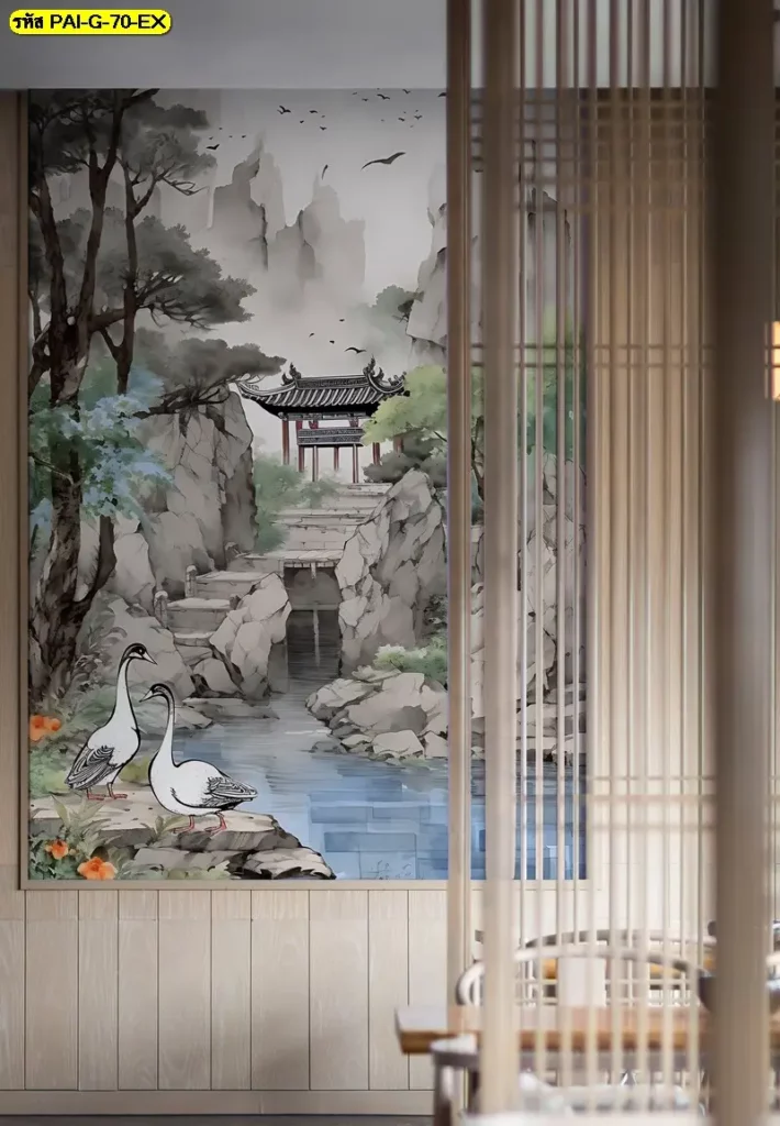 ออกแบบร้านอาหารเกาหลีให้มีเรื่องราวด้วยวอลเปเปอร์สั่งพิมพ์ลายน้ำตก ธรรมชาติ ที่เป็น Korean folk village wall mural