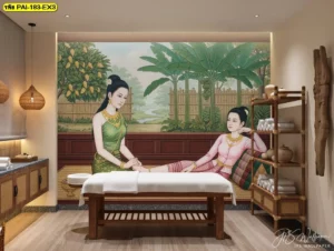 วอลเปเปอร์ภาพนวดไทยในสวนผลไม้ชนบทโบราณ วอลเปเปอร์ภาพศิลปะนวดแผนไทย สร้างบรรยากาศผ่อนคลายสำหรับร้านสปา ร้านนวดแผนไทย