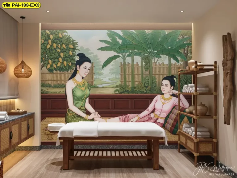 วอลเปเปอร์ภาพนวดไทยในสวนผลไม้ชนบทโบราณ วอลเปเปอร์ภาพศิลปะนวดแผนไทย สร้างบรรยากาศผ่อนคลายสำหรับร้านสปา ร้านนวดแผนไทย