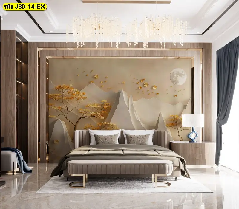 วอลเปเปอร์ติดผนัง 3 มิติเสริมฮวงจุ้ย ช่วยสร้างบรรยากาศสงบภายในภาพแต่งห้องนอนสไตล์จีนโมเดิร์นที่ดูอบอุ่นและหรูหรา