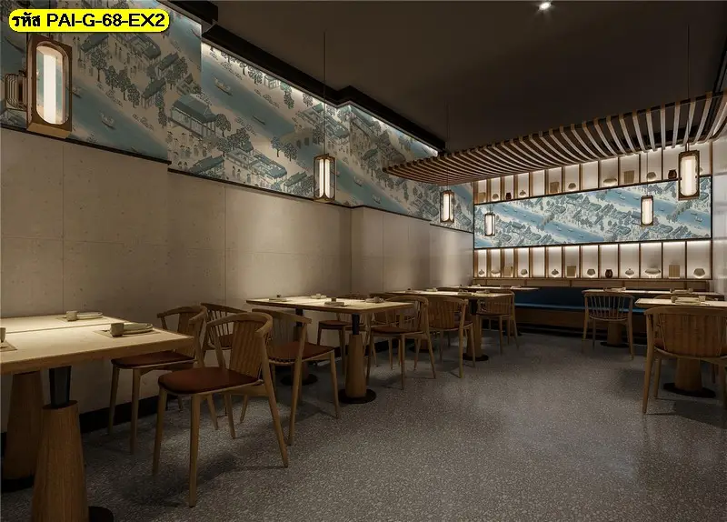 ไอเดียแต่งร้านอาหารเกาหลีสไตล์ธรรมชาติโดยใช้ภาพวิวภูเขาและแม่น้ำสไตล์เอเชีย ทำให้ร้านดูโปร่งโล่งและสบายตา