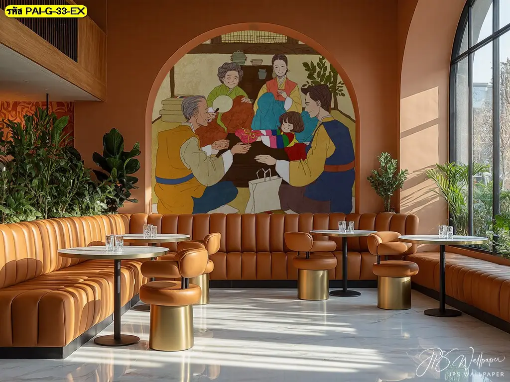 ภาพติดผนังร้านกาแฟบรรยากาศอบอุ่นที่ใช้ดีไซน์วอลเปเปอร์ลายครอบครัวเกาหลี เป็นไอเดียแต่งร้านที่สร้างความประทับใจให้ลูกค้า