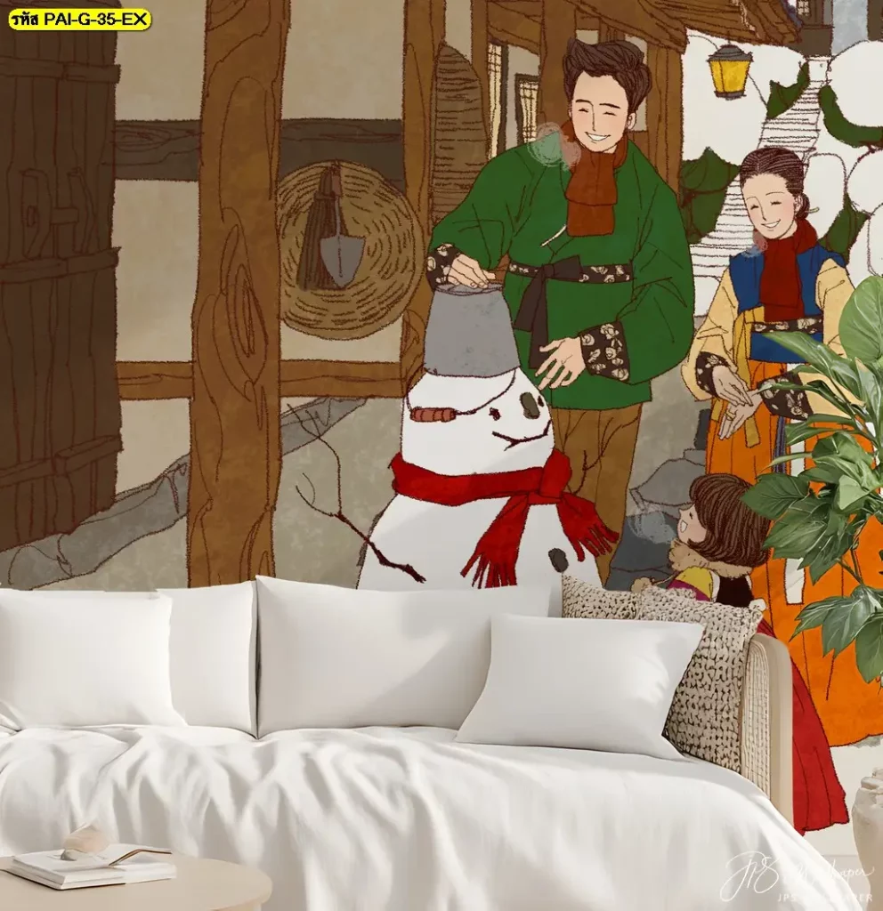 ภาพศิลปะเกาหลีร่วมสมัยกับวอลเปเปอร์สั่งพิมพ์ช่วยแต่งผนังห้องนั่งเล่นให้สวยงามและดูมีสไตล์แบบ modern Korean wall art