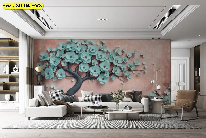 ภาพพิมพ์ศิลปะธรรมชาติ 3 มิติ ลายดอกไม้ สำหรับห้องรับแขกหรูหราแสดงต้นซากุระสีฟ้า