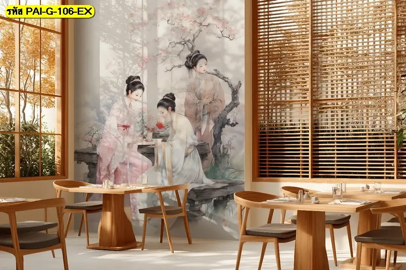 ผนังที่ประดับด้วยรูปติดผนังลายผู้หญิงใส่ชุดฮันบกช่วยสร้างบรรยากาศแบบวอลเปเปอร์ภาพวาดสีน้ำเกาหลีในร้านอาหารเกาหลี