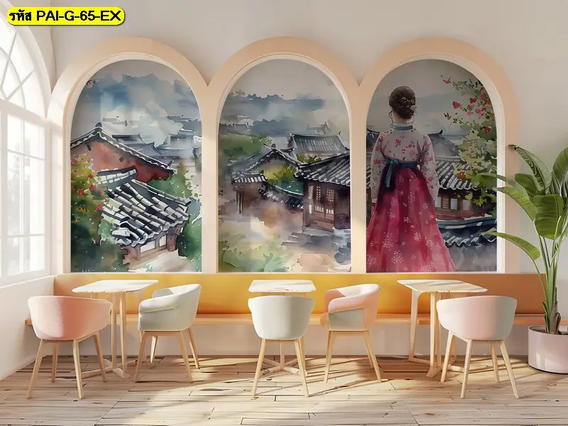 รูปภาพศิลปะเกาหลีร่วมสมัยในรูปแบบ large wall mural ช่วยยกระดับบรรยากาศร้านอาหารให้ดูมีสไตล์และน่าจดจำ