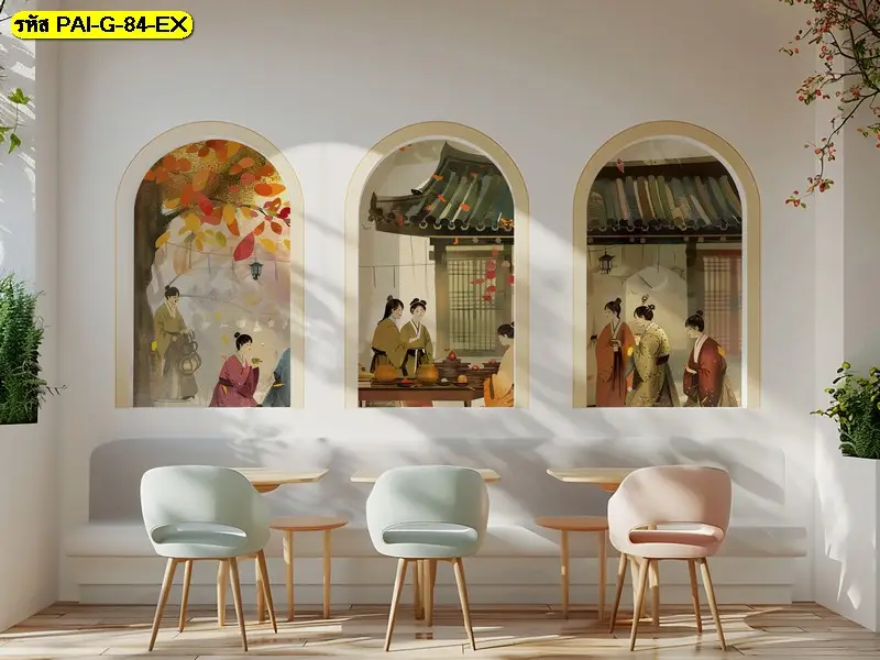 ภาพตกแต่งผนังคาเฟ่เกาหลีสไตล์โฮมมี่ที่ใช้ clean minimalist design ช่วยสร้างความรู้สึกอบอุ่นเหมือนอยู่บ้าน