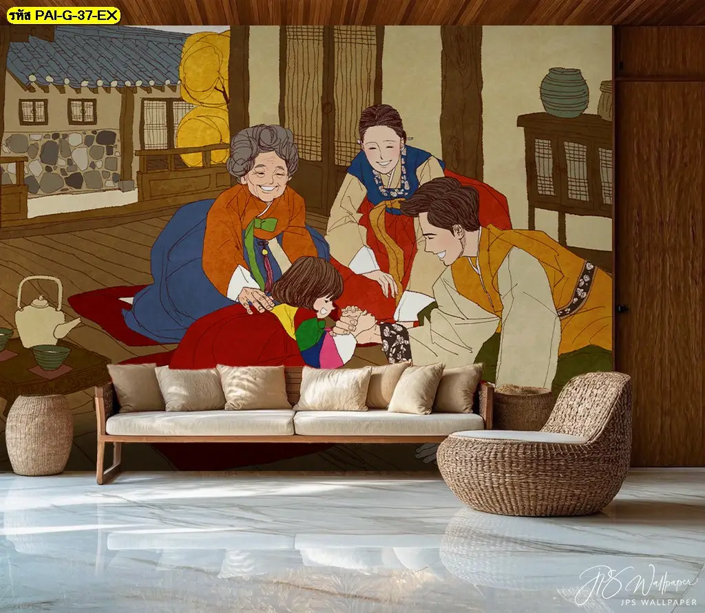 รูปภาพติดผนังห้องนั่งเล่นขนาดใหญ่และวอลเปเปอร์สั่งพิมพ์ลายอาร์ตๆช่วยเพิ่มความน่าสนใจและความร่วมสมัยให้กับบ้าน