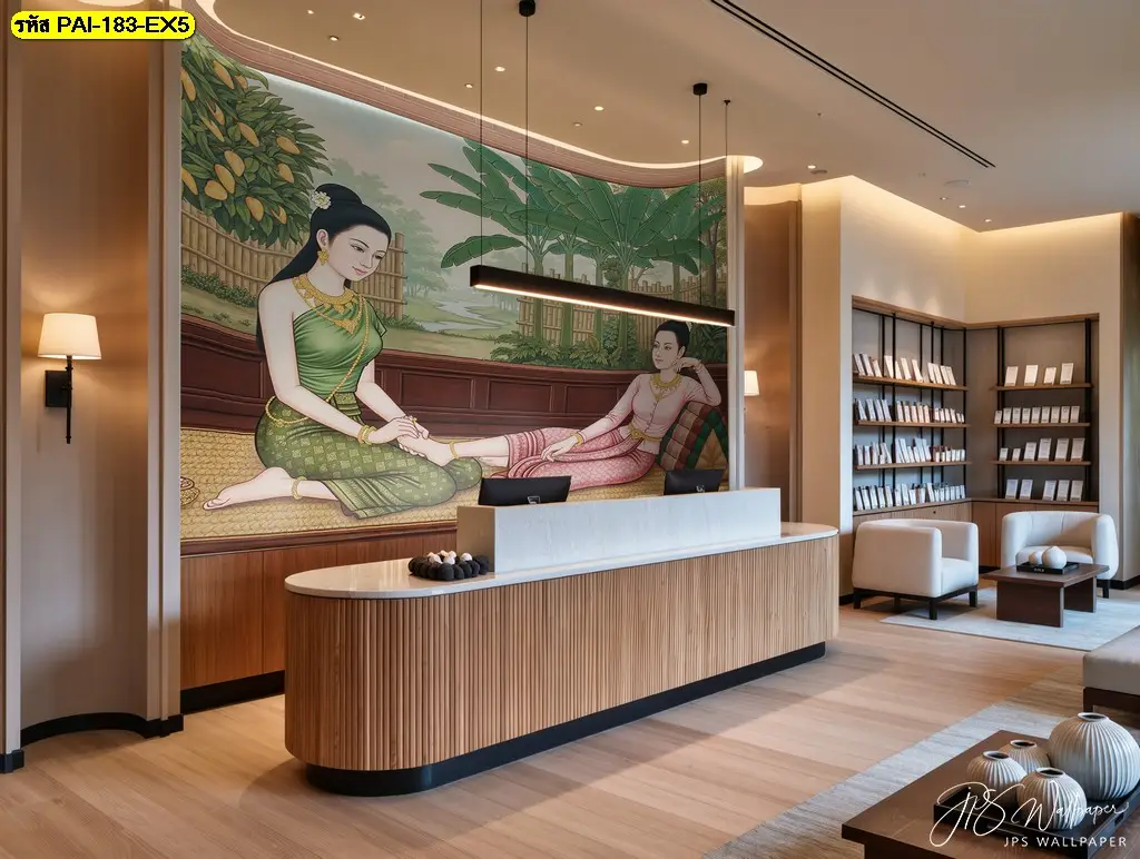 ภาพพิมพ์ศิลปะนวดไทย ภาพพิมพ์ตกแต่งร้านนวด วอลเปเปอร์ผู้หญิงไทยนวดแผนไทย บรรยากาศชนบทเงียบสงบสำหรับห้องรับรองและพื้นที่รับแขก