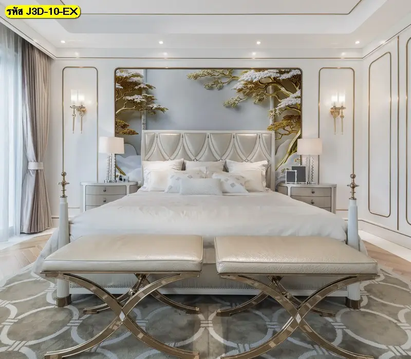 ไอเดียแต่งผนังห้องนอนลายภูเขาที่ใช้ภาพติดผนัง 3 มิติเสริมฮวงจุ้ย ทำให้บ้านดูหรูหราและอบอุ่นด้วยวอลเปเปอร์รูปต้นไม้ธรรมชาติสีทอง