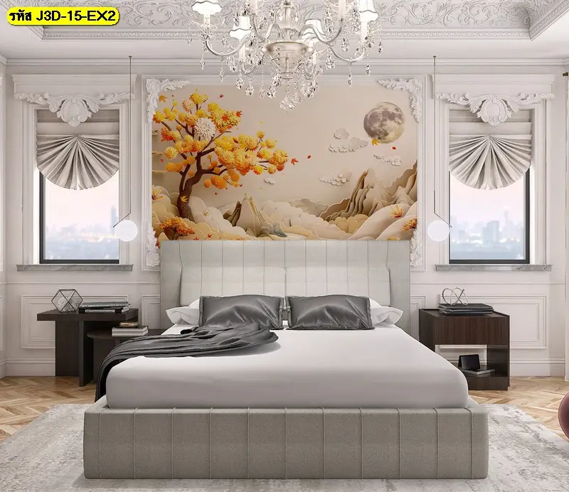 ภาพแต่งห้องนอนสไตล์จีนโมเดิร์นที่ใช้รูปติดผนังหัวเตียงลายภูเขาสีทองคู่กับวอลเปเปอร์ลายต้นไม้สีทองมงคลเพื่อความสวยงาม