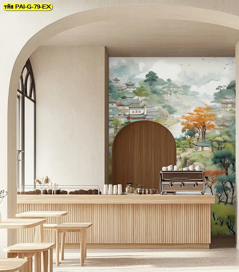 ภาพตกแต่งร้านอาหารแนววัฒนธรรมที่เป็น Korean folk village wall mural ช่วยสร้างบรรยากาศที่น่าจดจำให้กับลูกค้า