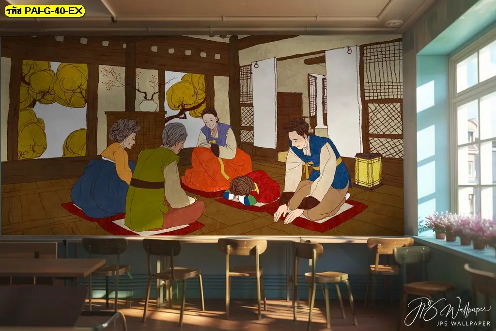 วอลเปเปอร์ลายครอบครัวเกาหลีทำให้ร้านกาแฟดูอบอุ่นและเข้ากันได้ดีกับการออกแบบร้านกาแฟเกาหลีมุมถ่ายรูปสวยที่ทันสมัย