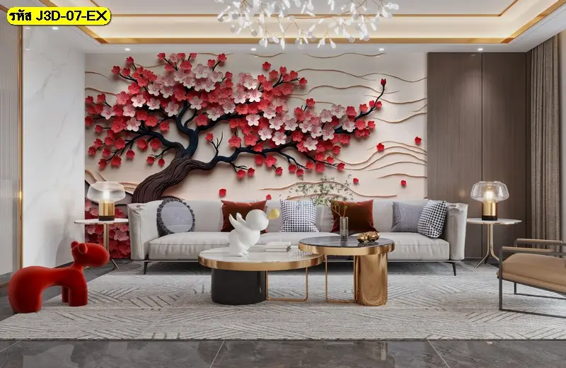 วอลเปเปอร์ดอกซากุระสีแดงสด สำหรับบ้านสวยสร้างบรรยากาศเซนในห้องนั่งเล่นสไตล์เอเชียน