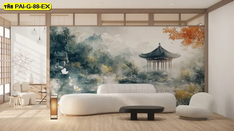การใช้ Asian ink wash style wallpaper ที่เป็นรูปติดผนังหมู่บ้านเกาหลีโบราณ ช่วยสร้างเรื่องราวและความลึกซึ้งให้กับร้าน