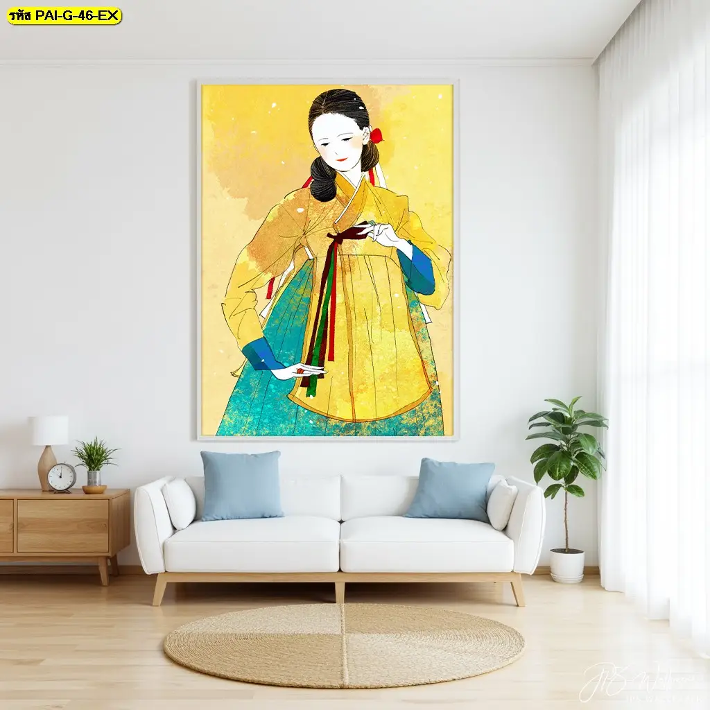 แต่งบ้านสไตล์เกาหลีด้วยภาพศิลปะสร้างเรื่องราวและบรรยากาศที่อบอุ่นในห้องนั่งเล่น พร้อมวอลเปเปอร์ลายอาร์ตๆ