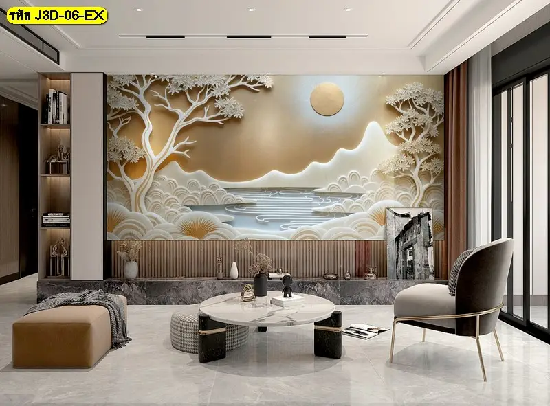 ไอเดียแต่งผนังห้องนอนลายภูเขาด้วย 3D mountain landscape wallpaper ช่วยตกแต่งห้องนั่งเล่นสไตล์โมเดิร์นเรียบหรูให้ดูมีมิติและน่าสนใจ