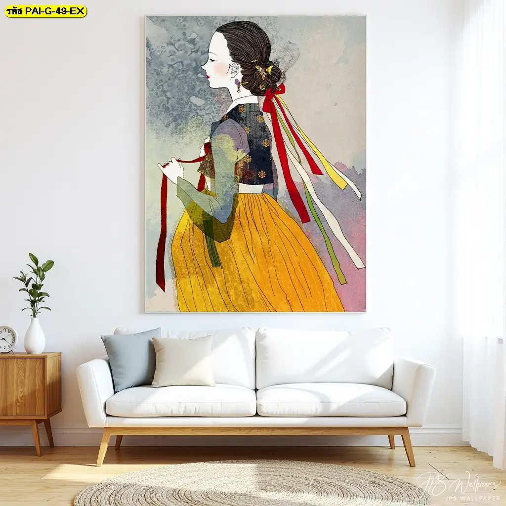 รูปภาพติดผนังหลังโซฟาสวยๆและวอลเปเปอร์สั่งพิมพ์ลายอาร์ตๆช่วยให้บ้านดูมีมิติ สวยงาม และร่วมสมัยแบบ modern Korean art wall decor