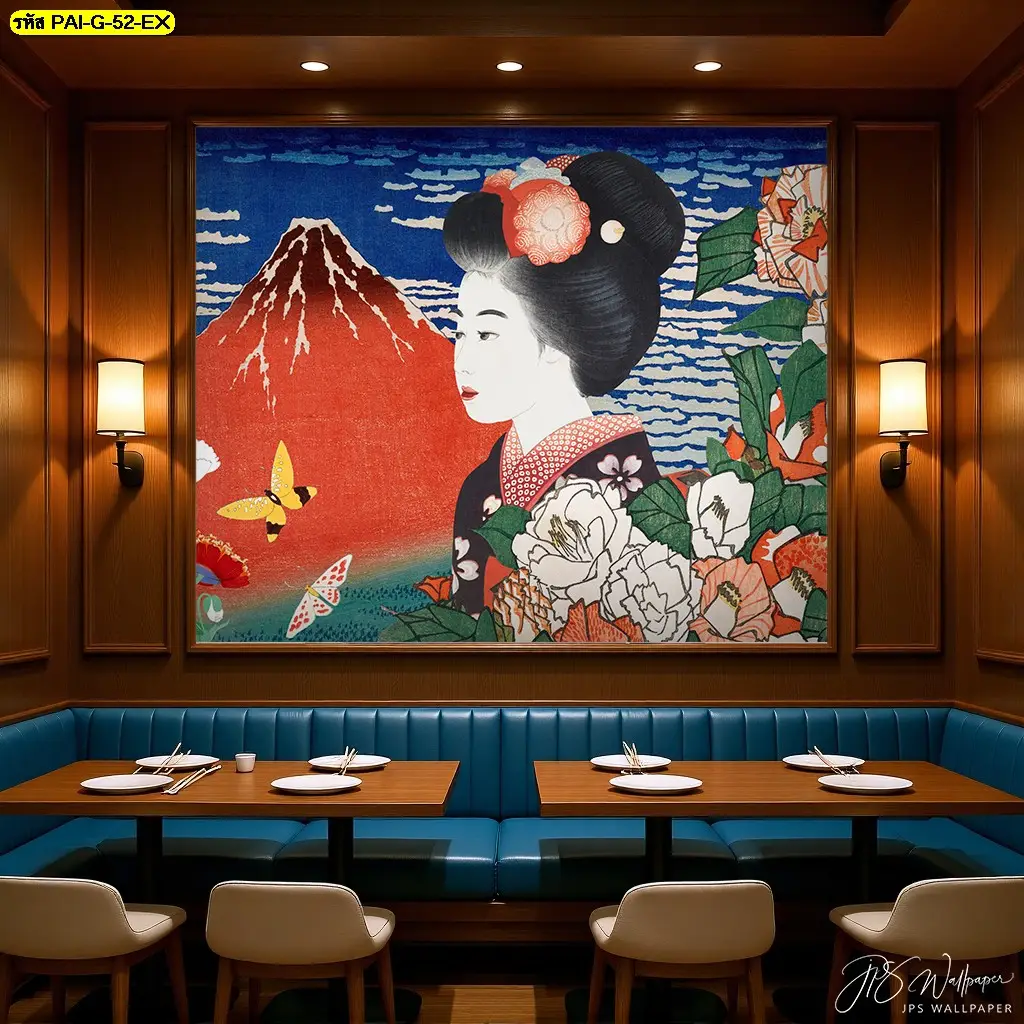 ภาพตกแต่งผนังร้านอาหารสไตล์เกาหลีที่ใช้วอลเปเปอร์ลายผู้หญิงเกาหลีใส่ชุดฮันบกเพื่อสร้างความโดดเด่นและเป็นเอกลักษณ์ให้ร้าน