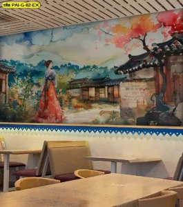 สร้างสรรค์ภาพตกแต่งผนังร้านอาหารเกาหลีด้วยวอลเปเปอร์ภาพวาดสีน้ำเกาหลีที่ให้ความรู้สึกร่วมสมัยและมีชีวิตชีวามากยิ่งขึ้น