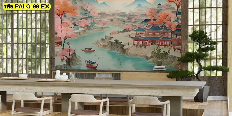 วอลเปเปอร์ภาพวาดทิวทัศน์เกาหลีที่สวยงาม เป็นไอเดียแต่งร้านอาหารเกาหลีสไตล์ธรรมชาติที่สร้างบรรยากาศผ่อนคลาย